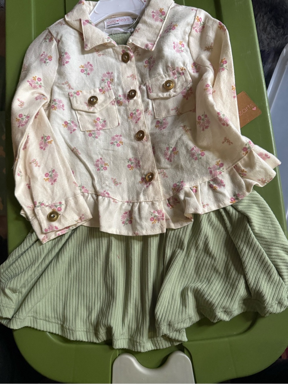 Cream Floral Jacket and Sage Green Skirt Set - Cute Kids Outfit
